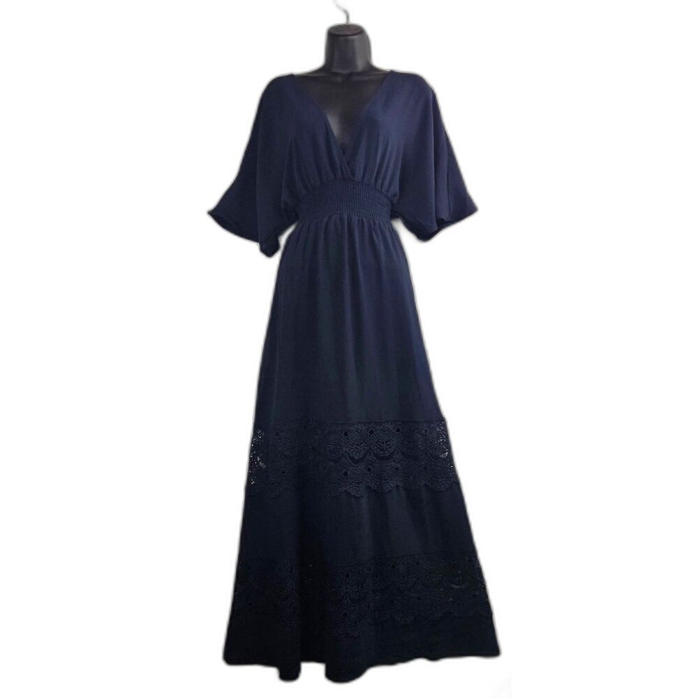 Baltic Born Vera Maxi Dress Navy Lace Cuttouts Angel Wing Sleeves Size Small